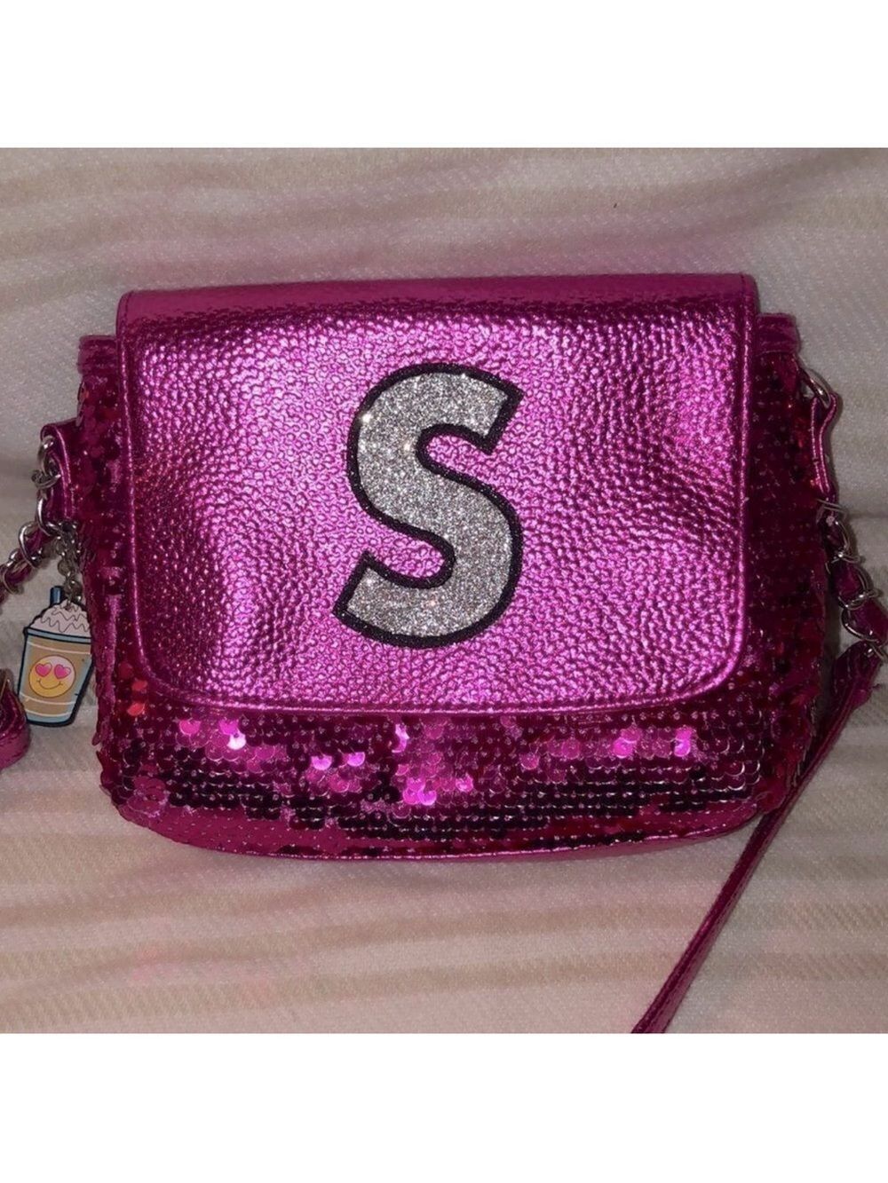 Justice “S” Monogram Fuchsia Pink Sequin Purse Bag with Emoji Charms